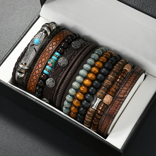 11pezzo Turquoise Cubo Sintetico Set di Braccialetti in Pietra Sintetica, Anello in Legno e Catena Regalo per Lui, Perfetto per l'Abbigliamento Quotidiano, Feste e Occasioni Speciali, Accessori per Feste | Braccialetti in Stile Vintage | Braccialetti in P