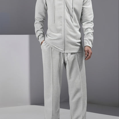 Set di 2 pezzi per uomo con cardigan con cappuccio e zip e pantaloni con coulisse - Pullover casual a maniche lunghe con tasche frontali, colore solido, outfit comodo per la primavera/autunno, abbigliamento per la primavera/autunno | Pullover con cappucci