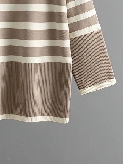 Set di maglione a righe elegante a collo alto e pantaloni a gamba larga per donne - Righe verticali beige e bianche, vestibilità ampia, maniche lunghe, chiusura a bottoni, perfetto per l'autunno/inverno, abbigliamento casual a formale, abbigliamento casua