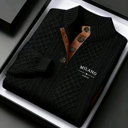 Maglione da uomo pesante in maglia 280g/m² - Blu navy e marrone, colletto con risvolto e bottoni, maglione invernale a maniche lunghe per clima freddo, ufficio, outfit casual - Regalo ideale per uomo, maglione, abbigliamento da ufficio, maglieria texturiz