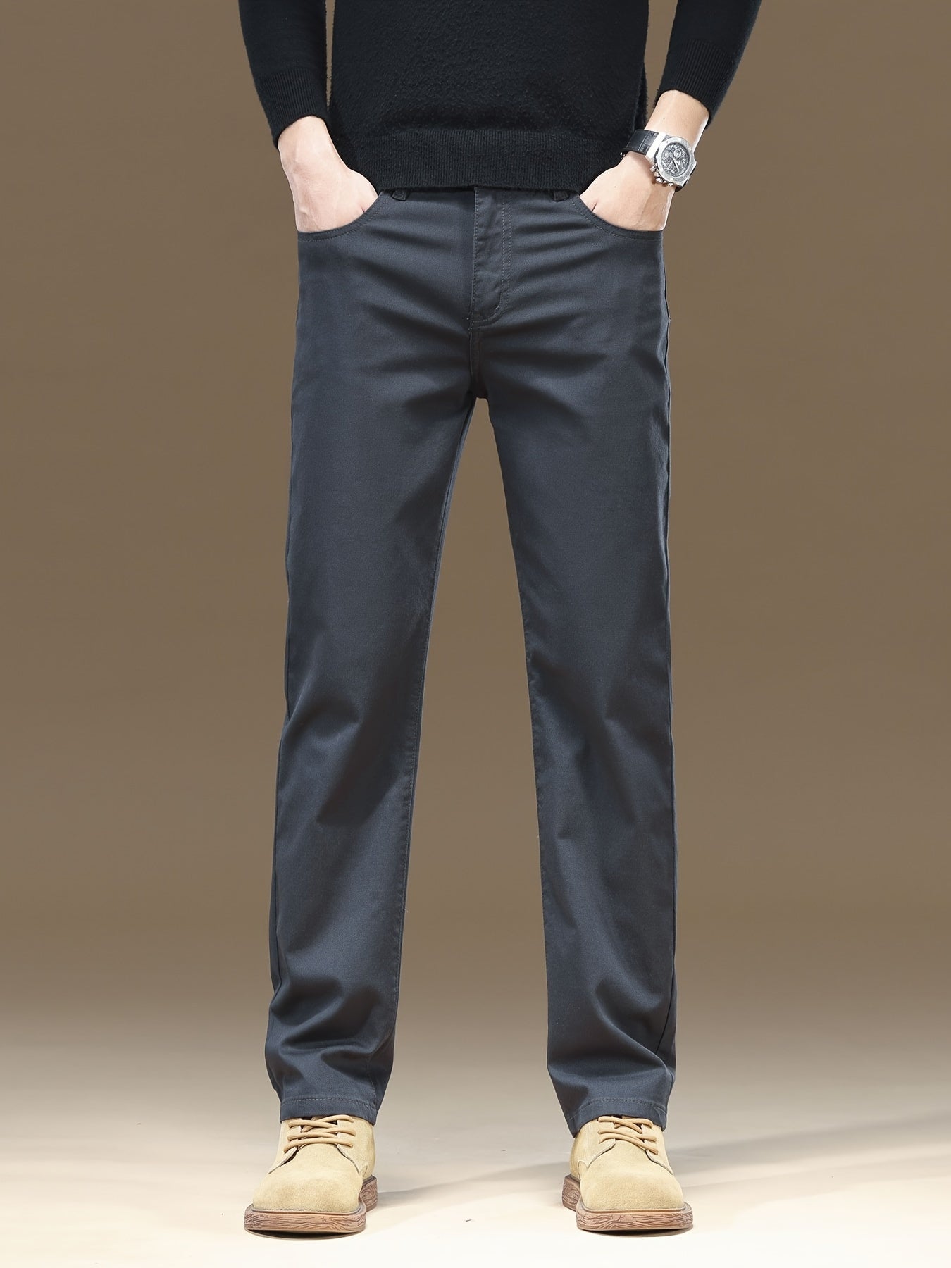 Pantaloni da uomo in tessuto elastico a tinta unita - Comodi e resistenti pantaloni casual da lavoro con chiusura a bottone, vita media, vestibilità regolare, versatile per tutte le stagioni per abbigliamento casual, ufficio e eventi formali, abbigliament