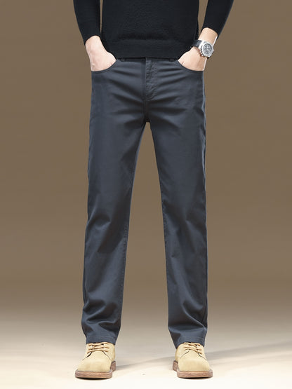 Pantaloni da uomo in tessuto elastico a tinta unita - Comodi e resistenti pantaloni casual da lavoro con chiusura a bottone, vita media, vestibilità regolare, versatile per tutte le stagioni per abbigliamento casual, ufficio e eventi formali, abbigliament