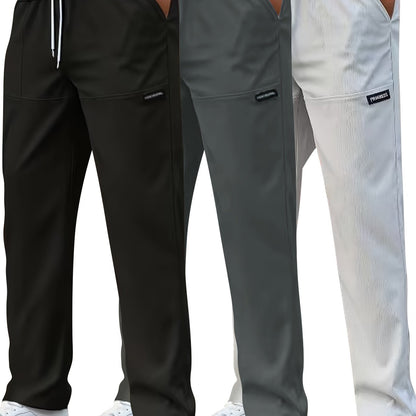 Set di 3 Pantaloni Casual da Uomo Leggeri - Gamba Dritta, Vita con Coulisse, Colore Unito (Nero, Grigio, Bianco), Abbigliamento da Lavoro Primavera/Estate, Lavabili in Lavatrice