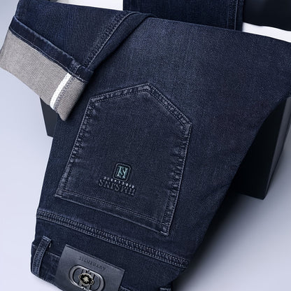 Pantaloni di lusso da uomo in denim finto - Pantaloni dritti con vita media e chiusura a cerniera - Pantaloni formali e casual per ufficio, riunioni, eventi - Design classico non trasparente - Ideali per l'abbigliamento professionale e quotidiano, denim f