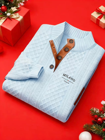 Maglione da uomo pesante in maglia 280g/m² - Blu navy e marrone, colletto con risvolto e bottoni, maglione invernale a maniche lunghe per clima freddo, ufficio, outfit casual - Regalo ideale per uomo, maglione, abbigliamento da ufficio, maglieria texturiz