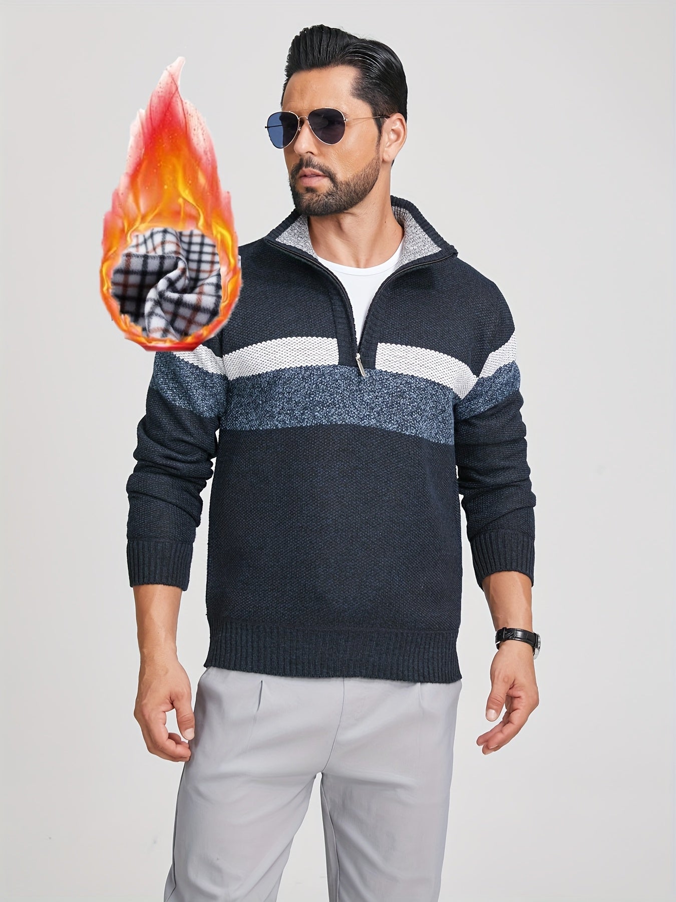 Maglione da uomo a blocchi di colore con collo alla coreana e maglia spessa