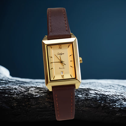 Orologio Elegante da Donna - Cassa Dorata con Cinturino Marrone, Movimento al Quarzo con Data, Orologio di Lusso per Tutti i Giorni e Occasioni Formali - Regalo Ideale per Compleanno/Anniversario, Design Sofisticato
