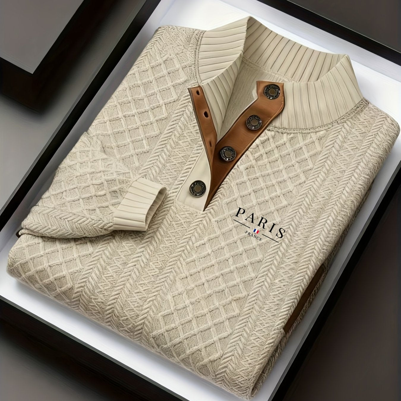 Maglione da uomo pesante in maglia 280g/m² - Blu navy e marrone, colletto con risvolto e bottoni, maglione invernale a maniche lunghe per clima freddo, ufficio, outfit casual - Regalo ideale per uomo, maglione, abbigliamento da ufficio, maglieria texturiz