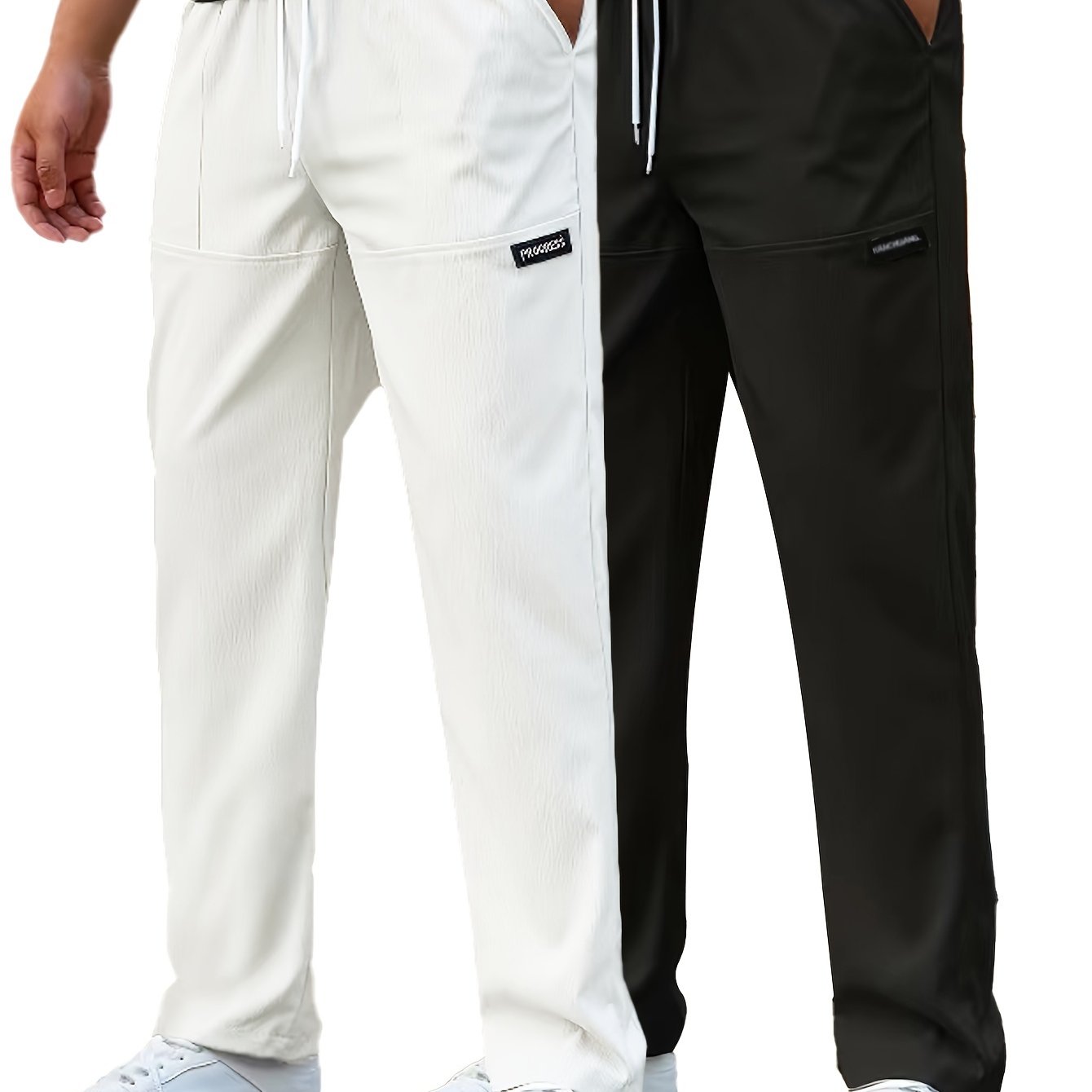 Pantaloni da lavoro casual da uomo a gamba dritta - Poliestere leggero, vita con coulisse, stile primavera/estate, opzioni bianco e blu navy, abbigliamento da lavoro casual | Pantaloni a gamba dritta | Tessuto in poliestere
