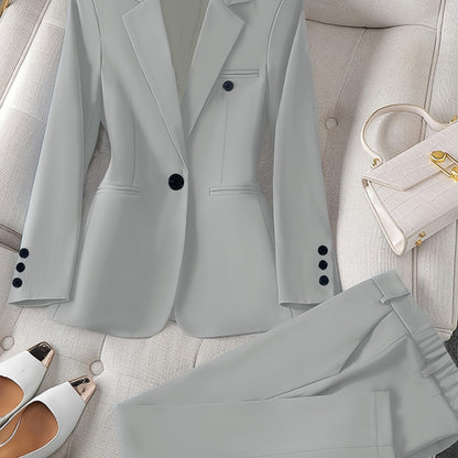 Women'S Casual Two-Piece Set, Stylish Business Solid Color Long Sleeve Suit Jacket and Pants Set, Polyester, Lapel Collar, Regular Fit, All Season, with Optional Handbag and Earrings, for Fashionable Workwear, Business Attire|Sleek Formal Attire|Polyester