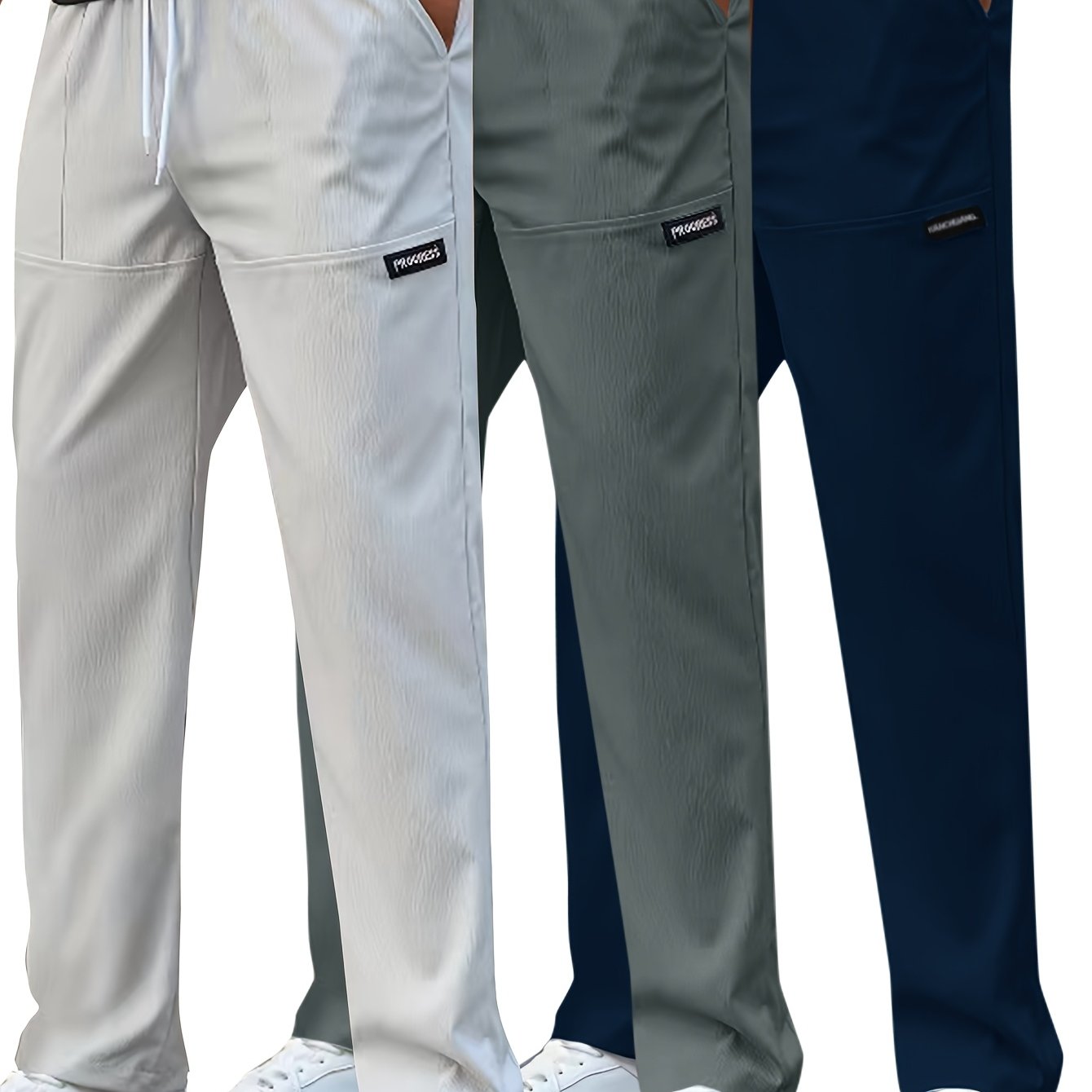 Set di 3 Pantaloni Casual da Uomo Leggeri - Gamba Dritta, Vita con Coulisse, Colore Unito (Nero, Grigio, Bianco), Abbigliamento da Lavoro Primavera/Estate, Lavabili in Lavatrice