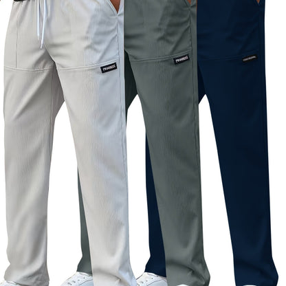 Set di 3 Pantaloni Casual da Uomo Leggeri - Gamba Dritta, Vita con Coulisse, Colore Unito (Nero, Grigio, Bianco), Abbigliamento da Lavoro Primavera/Estate, Lavabili in Lavatrice