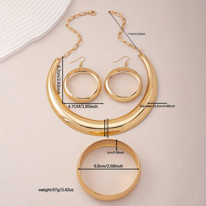 Set di gioielli alla moda urban chic - Collana, bracciale e orecchini a cerchio in lega di stile semplice per abbigliamento quotidiano e da festa