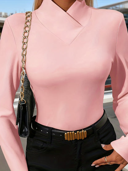 Women'S Elegant Long Sleeve T-Shirt - Soft Pink Solid Color Top, Round Neck Casual Everyday Shirt for Spring Summer Fall, Office, Party