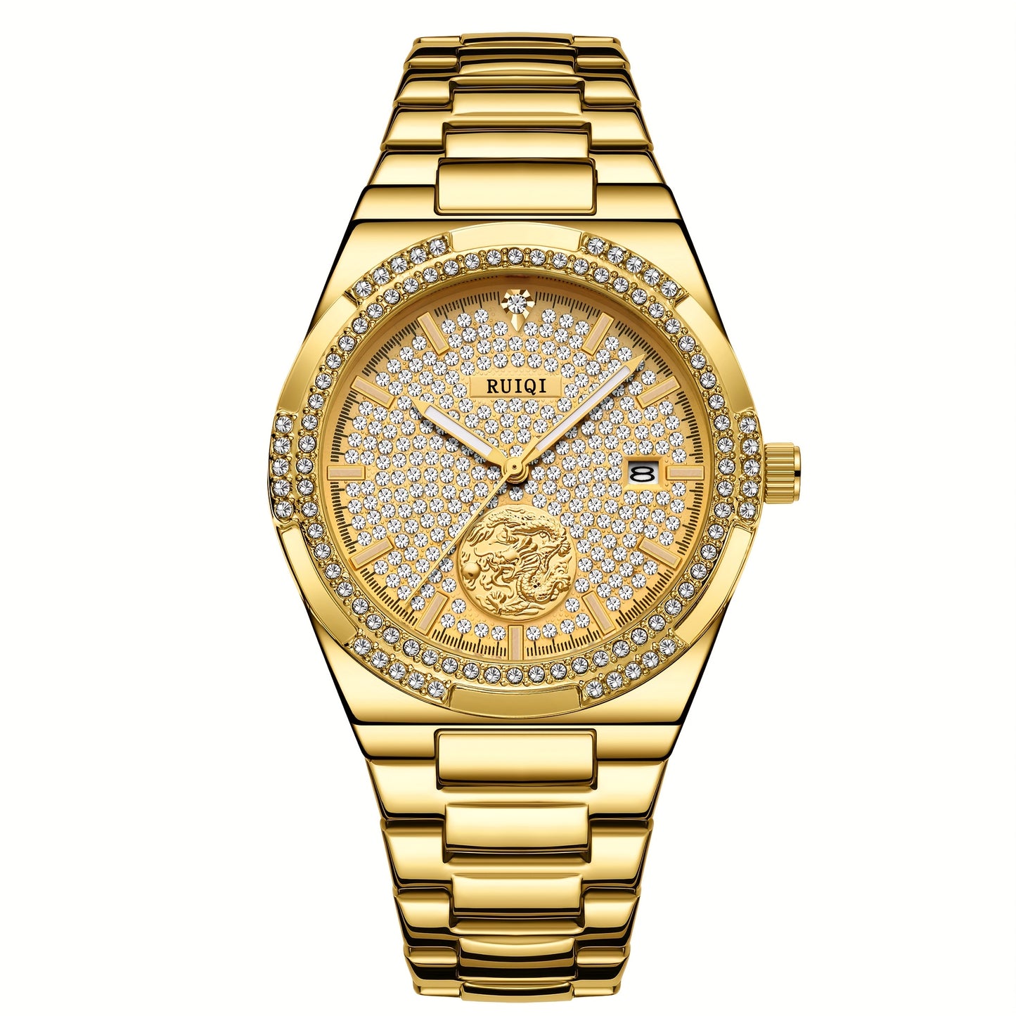 Orologio meccanico di lusso elegante per donne con quadrante interamente dorato, cornice in strass e mani luminose - Movimento automatico, cinturino regolabile, grande orologio analogico rotondo per donne, senza batteria/mantenimento facile, regalo ideale