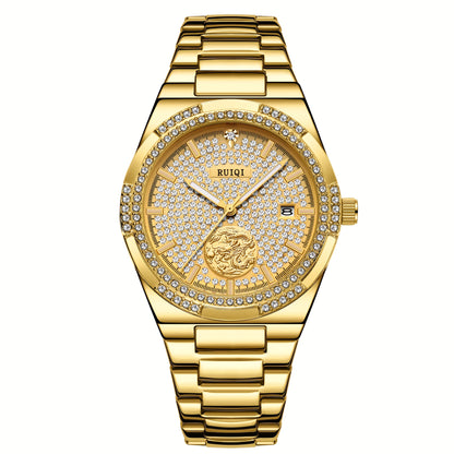 Orologio meccanico di lusso elegante per donne con quadrante interamente dorato, cornice in strass e mani luminose - Movimento automatico, cinturino regolabile, grande orologio analogico rotondo per donne, senza batteria/mantenimento facile, regalo ideale