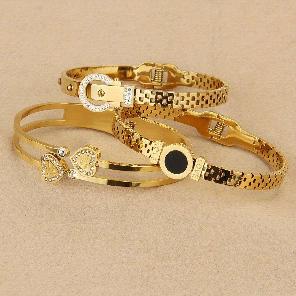3 pezzi, bracciale da donna in acciaio inossidabile, pendente romano a doppia amore intarsiato con zirconi scintillanti, alla moda e versatile, molto adatto per l'uso quotidiano e come regalo