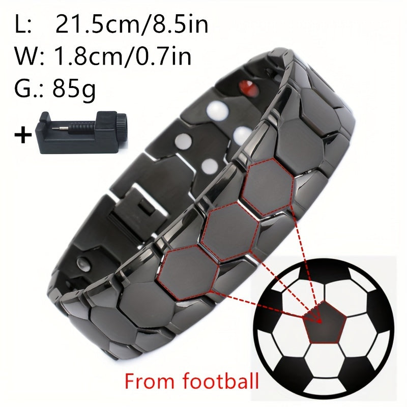Linea Active - Bracciale in Acciaio Titanio Resistente - Design (Calcio) con Perle Esagonali Nero/Grigio e Accento Rosso -