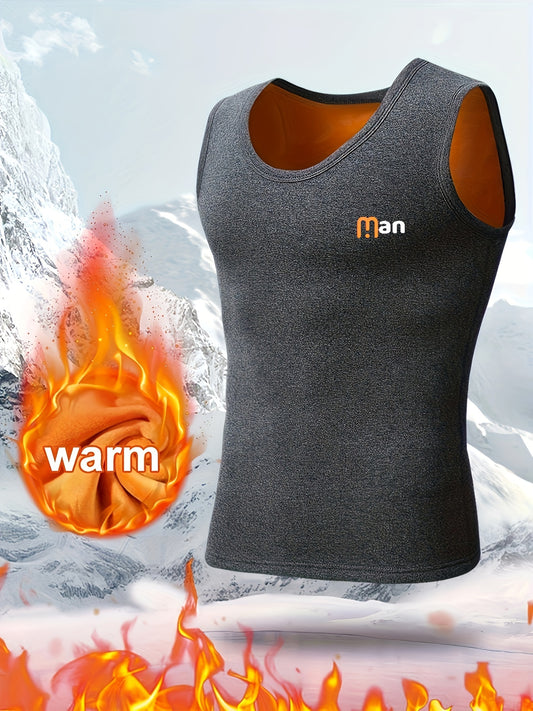 1pz Top da uomo termico foderato in fleece, stampa "MAN", gilet caldo autunno/inverno, impermeabile, poliestere 95% elastano 5%, tessuto a maglia, medio stretch, strato base atletico, spesso