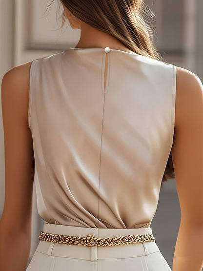 Women's Elegant Sleeveless Blouse - Beige/Neutral Shades Non-See-Through Shirt, Machine Washable Formal & Everyday Tops for Office, Parties, Casual Outfits - All-Season Women's Clothing