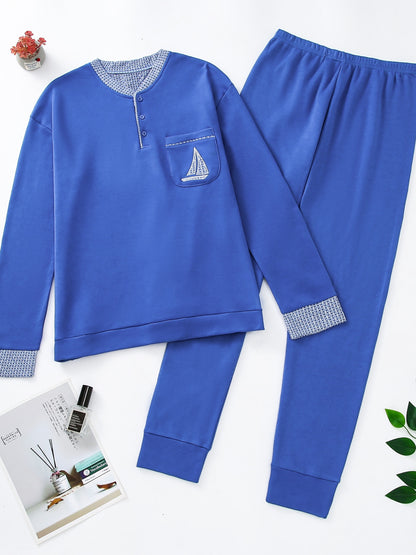 Pigiama invernale da uomo in pile, pigiama casual in poliestere lavorato a maglia, manica lunga, scollo Henley, motivo geometrico, vestibilità comoda, abbigliamento da notte per uso domestico