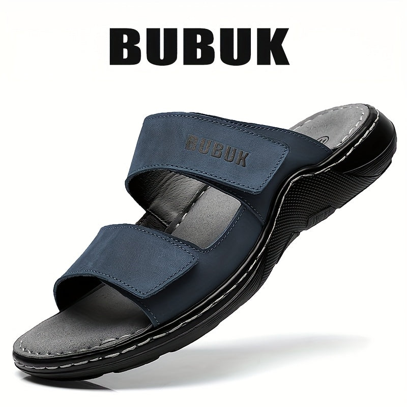 Pantofole da Uomo in Vera Pelle con Chiusura Regolabile e Strappo, Suola in PU, Tomaia in Pelle Pieno Fiore - Scarpe Casual Comode per Tutte le Stagioni, Ideali per Spiaggia, Viaggi e Uso Quotidiano (Nessun Periodo di Adattamento)