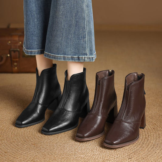 Stivali alla caviglia da donna con tacco grosso autentico - Marroni, punta rotonda, chiusura con zip, stivali comodi con tacco medio per outfit casual e formali, calzature versatili autunno inverno, calzature formali, design elegante dello stivale, suola