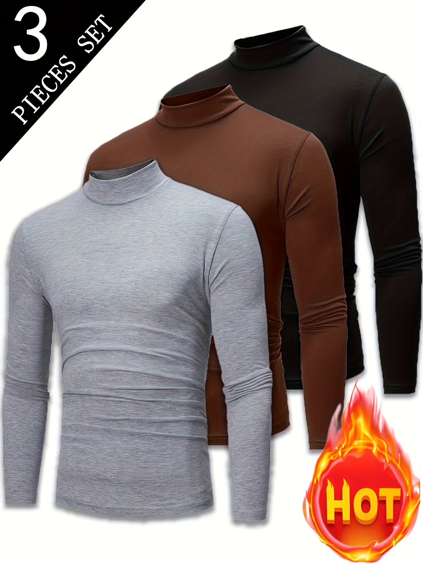 3pcs Camicie a maniche lunghe con collo alto in pile termica per uomo - Slim Fit Stand Collar Base Layer, Top casual invernali a tinta unita per strati, Bianco/Nero/Azzurro marino, Essenziali per il tempo freddo, Collo alto elegante, Camicia comoda