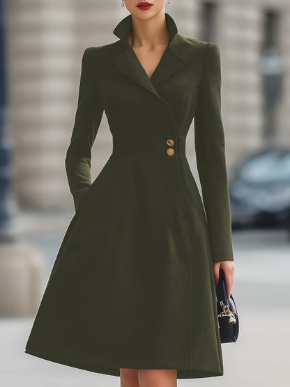 Women'S Elegant A-Line Maxi Dress with Pockets - High Neck, Long Sleeve, Button-Up Front, Flowy Hem, Perfect for All Seasons, Casual to Formal Wear