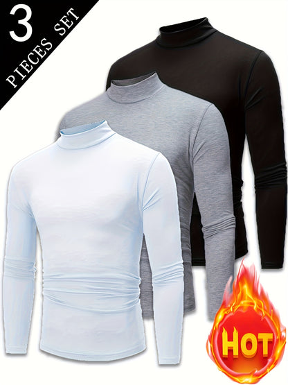 3pcs Camicie a maniche lunghe con collo alto in pile termica per uomo - Slim Fit Stand Collar Base Layer, Top casual invernali a tinta unita per strati, Bianco/Nero/Azzurro marino, Essenziali per il tempo freddo, Collo alto elegante, Camicia comoda