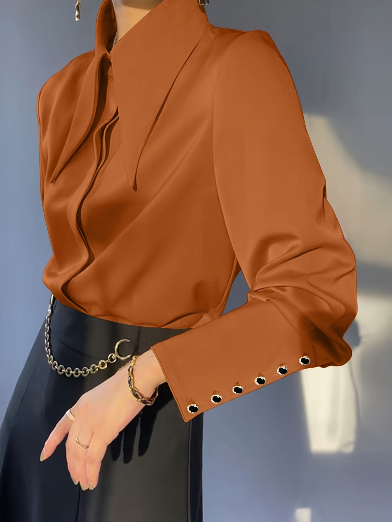 Maglia Casual Donna a Maniche Lunghe con Collo a Revers Tinta Unita