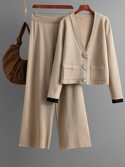 Pullover con bottoni a diamante d'argento - Cardigan a maniche lunghe - Pantaloni a gamba larga - Set di due pezzi - Set elegante per donne - Top con bottoni nascosti, pullover a maniche lunghe, top invernali morbidi e caldi per donne - Moda sottile - Abi