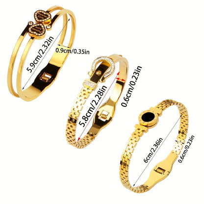 3 pezzi, bracciale da donna in acciaio inossidabile, pendente romano a doppia amore intarsiato con zirconi scintillanti, alla moda e versatile, molto adatto per l'uso quotidiano e come regalo