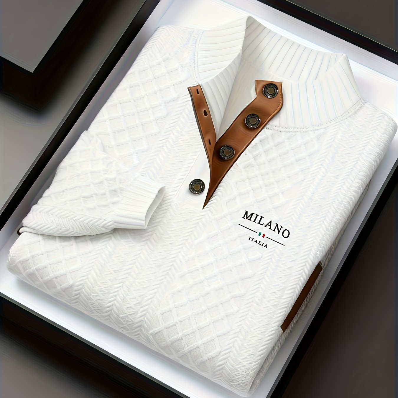 Maglione da uomo pesante in maglia 280g/m² - Blu navy e marrone, colletto con risvolto e bottoni, maglione invernale a maniche lunghe per clima freddo, ufficio, outfit casual - Regalo ideale per uomo, maglione, abbigliamento da ufficio, maglieria texturiz