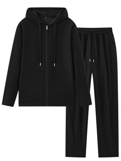 Set di 2 pezzi per uomo con cardigan con cappuccio e zip e pantaloni con coulisse - Pullover casual a maniche lunghe con tasche frontali, colore solido, outfit comodo per la primavera/autunno, abbigliamento per la primavera/autunno | Pullover con cappucci