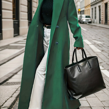 Women's Elegant Green Coat - Long Formal & Professional Outerwear, Machine Washable Winter Trench with Structured H-Silhouette for Office, Parties, Everyday - Sophisticated Outerwear, Office Ready Apparel, Smooth Texture, Durable Fabric, Office Wear, High