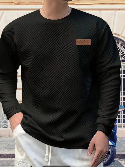 Maglione Uomo a Manica Lunga con Motivo Geometrico - Design Blu Vibrante e Nero, Taglio Regolare per Primavera/Autunno, Tessuto Comodo, Stile Casual, Cuciture di Qualità, Top Modaiolo, Abbigliamento Autunnale, Ideale per Giovani Adulti