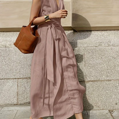 Solid Color Spring And Summer Linen Blend Sleeveless Dress with Pockets, Belt, And an Elegant French Style, Perfect for Vacations.