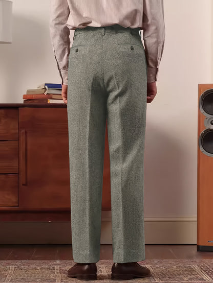 Pantaloni da uomo eleganti in tweed italiano - Pantaloni a gamba dritta a vita alta con chiusura a bottoni, tessuto non elasticizzato per ufficio ed eventi formali - Abbigliamento business autunno/inverno, evento formale, design classico, costruzione resi