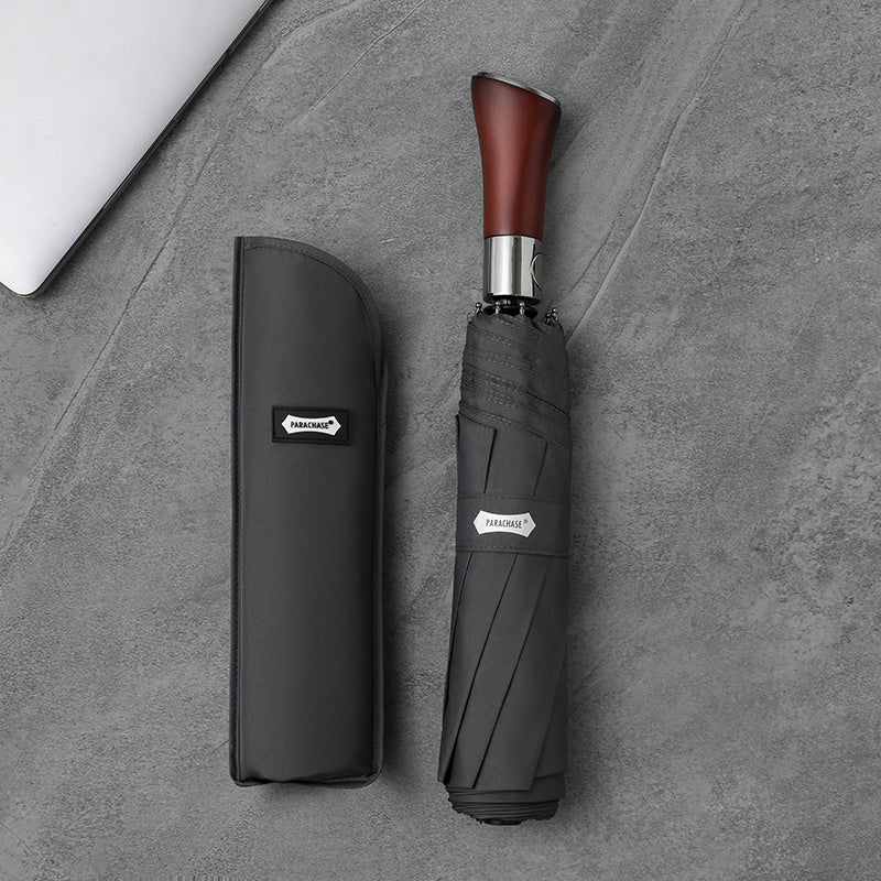 PARACHASE; Ombrello Automatico Antivento 120,9 cm con Telaio in Alluminio a 8 Stecche e Manico in Legno - Ombrello Pieghevole Compatto in Tessuto Pongee per Look Business Casual | Accessorio Elegante | Ombrello da Esterno