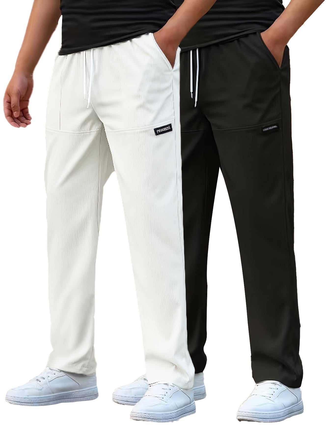 Pantaloni da lavoro casual da uomo a gamba dritta - Poliestere leggero, vita con coulisse, stile primavera/estate, opzioni bianco e blu navy, abbigliamento da lavoro casual | Pantaloni a gamba dritta | Tessuto in poliestere