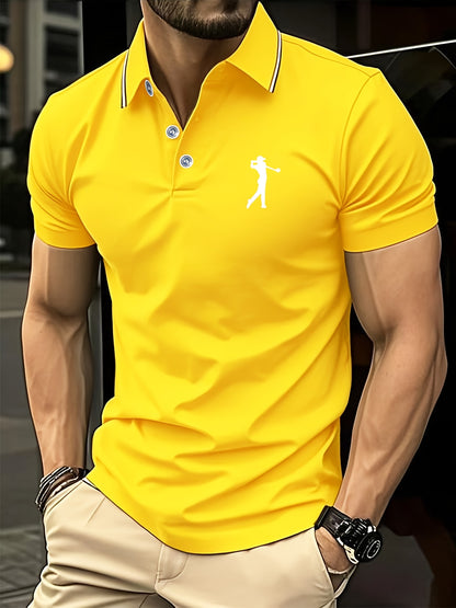 Maglietta da Uomo a Maniche Corte Bianca con Stampa Rosso per Golf, Colletto e Polsini a Righe, Tessuto Traspirante per Estate e Abbigliamento Casual, Lavabile in Lavatrice, Vestibilità Regolare