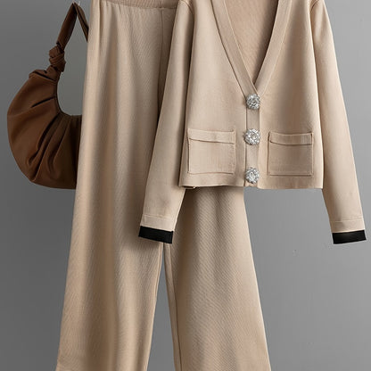 Pullover con bottoni a diamante d'argento - Cardigan a maniche lunghe - Pantaloni a gamba larga - Set di due pezzi - Set elegante per donne - Top con bottoni nascosti, pullover a maniche lunghe, top invernali morbidi e caldi per donne - Moda sottile - Abi