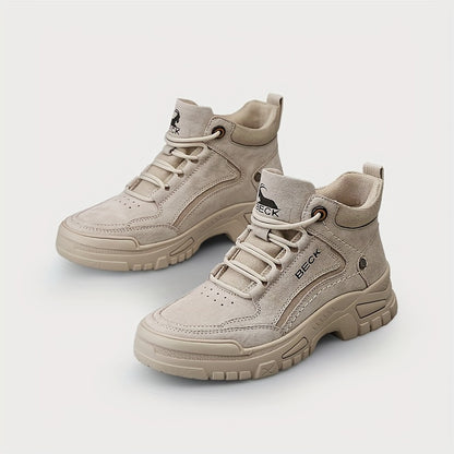 Stivaletti Beck Donna in Vera Pelle - Stivaletti con Punta Tonda e Suola Spessa, Chiusura con Lacci, Pelle di Maiale Beige e Suola in Gomma, Casual per Tutte le Stagioni (Lavabile a Mano) per Abbigliamento Casual e Outdoor (Senza Imbottitura Eccessiva)