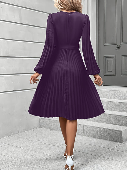 Women'S Elegant Formal & Everyday dress - Long Lantern Sleeves, Adjustable Waist Tie Belt, Flattering A-Line Silhouette, Knee-Length Party Wedding Office Outfit in - Easy-Care Women'S Clothing, Versatile Wardrobe Staple, Sophisticated Pleated Skirt, Durab