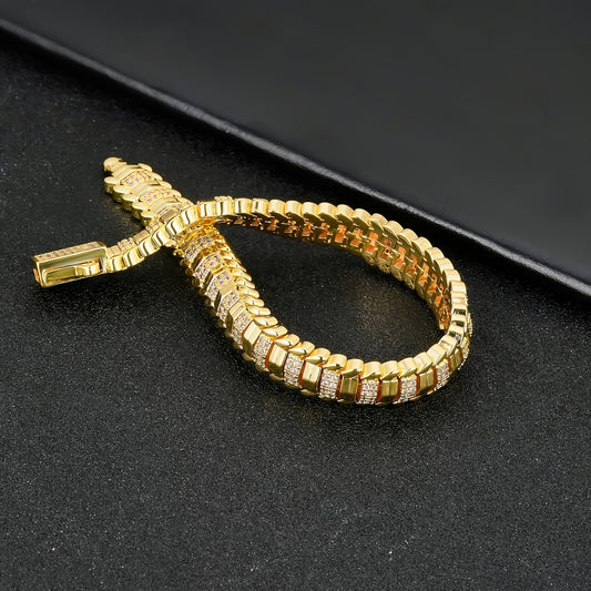 1pz ICEDCHICS Braccialetto Hip Hop 9mm Osso di Serpente Poligonale - Tonalità Dorata con Pietre Sintetiche Scintillanti, Gioielleria Unisex per Natale, San Valentino e Anniversari, Stile Catena Audace, Finitura di Alta Qualità