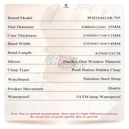 Orologio di lusso per donne POEDAGAR - Elegante calendario impermeabile con visualizzazione della data, orologio quadrato in acciaio inossidabile, cassetta in lega di zinco, cinturino in acciaio inossidabile, stile casual, accessorio elegante | Design ele