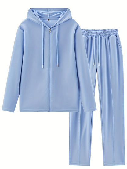 Set di 2 pezzi per uomo con cardigan con cappuccio e zip e pantaloni con coulisse - Pullover casual a maniche lunghe con tasche frontali, colore solido, outfit comodo per la primavera/autunno, abbigliamento per la primavera/autunno | Pullover con cappucci