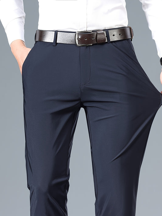 2025 Nuovi Pantaloni da Uomo in Tessuto Fibra Slicky Ice ad Alta Elasticità - tocco liscio, traspirante e elasticizzato, vestibilità regolare a vita media con dettagli di bottoni per ufficio e casual, comfort per tutte le stagioni, abbigliamento da uffici