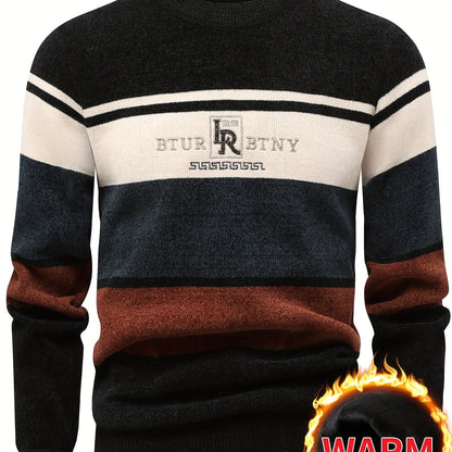 Maglione Invernale Termico Foderato in Pile Uomo Genghis - Design a Righe con Logo Lettere, Collo Tondo Maniche Lunghe, Lavabile in Lavatrice Taglio Regolare, Abbigliamento per il Freddo, Polsini e Orlo Costolati